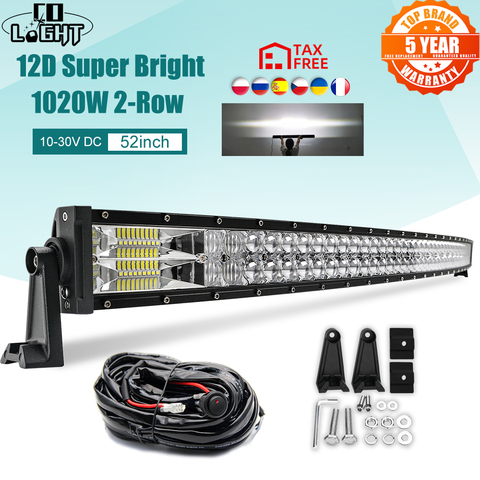 CO lumière lumière à Led incurvée barre 12V 52 pouces 1020W Led lumière de travail 2 rangées Combo faisceau pour voiture 4WD ATV SUV UTV camions 4x4 moto 24V ► Photo 1/6