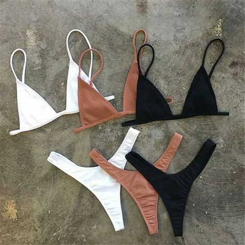 Maillot de bain brésilien pour filles, ensemble deux pièces pour la plage, coupe haute, couleur unie, noir et blanc, Micro, tanga ► Photo 1/6