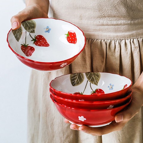 Bol à salade en céramique rouge fraises, bol à soupe et riz vaisselle ménagère 6 pouces 1 pièce ► Photo 1/6