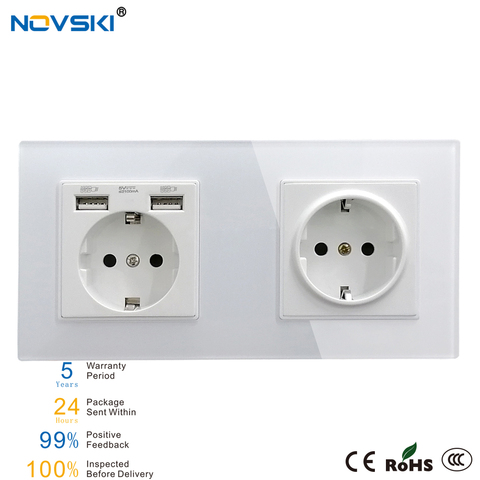 NOVSKI double USB Multi cadre prise électrique, ue prise de courant allemande 16A 110-250V cristal verre panneau blanc ► Photo 1/6