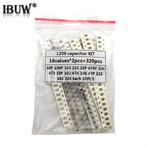 16 valeurs * 20 pièces = 320 pièces 1206 SMD condensateur kit assorti 10pF-475M composant bricolage échantillons kit nouveau et original ► Photo 1/2