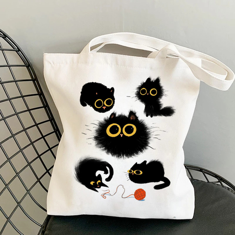 Sac fourre-tout en toile à imprimé d'animaux, chat noir, sac de Shopping écologique, utilisation quotidienne, sac à main pliable, grande capacité, fourre-tout pour femmes ► Photo 1/6