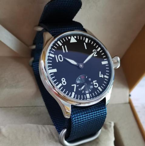 GEERVO – montre pilote mécanique pour hommes, sans logo, bracelet en nylon bleu, verre minéral ou saphir, cadran noir 44mm, numéro blanc, G135 ► Photo 1/6