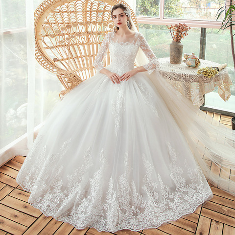 Robe De mariée à col rond pour femmes, grande taille, à manches trois quarts, en dentelle, à lacets, De princesse, nouvelle collection 2022 ► Photo 1/6