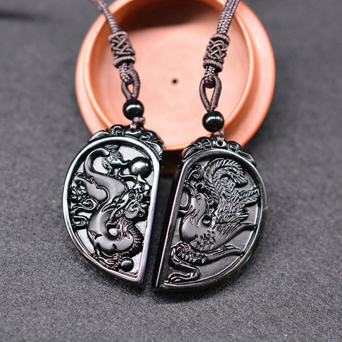 1 ensemble, pendentif en obsidienne, sculpture de Dragon et phénix, collier, pendentifs porte-bonheur, YIN YANG ► Photo 1/5