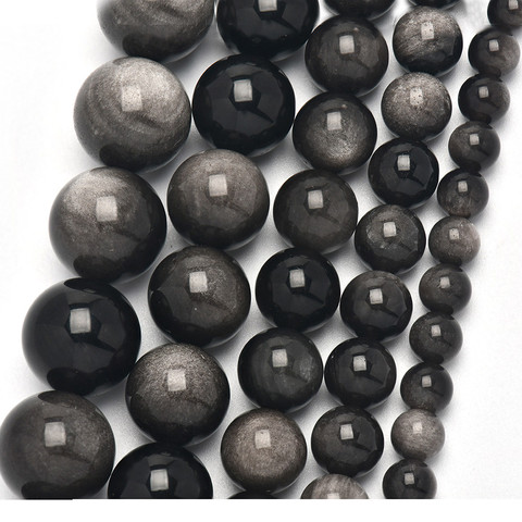 Pierres précieuses en obsidienne en argent naturel, 6/8/10/12/14mm, perles rondes, amples, en cristal, énergie de guérison, puissance de guérison, pour la fabrication de bijoux à bricoler soi-même ► Photo 1/6