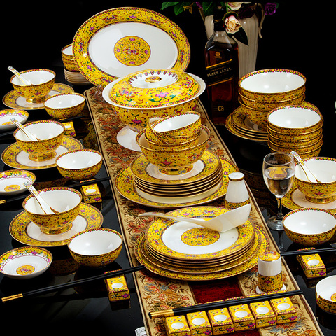 Bols et assiettes en émail de Style chinois | Jingdezhen vaisselle du palais de luxe, assiette en porcelaine, assiette de table en os de haute qualité ► Photo 1/6