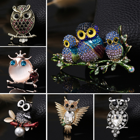 Couple hibou broche animaux broches pour femmes hommes vêtements écharpe boucle collier bijoux broches yeux bleus émail broches strass broche ► Photo 1/6