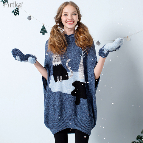 ARTKA 2022 hiver nouvelles femmes robe élégante laine douce tricoté pull robes rétro à capuche cape pull en vrac robe Y010366D ► Photo 1/6
