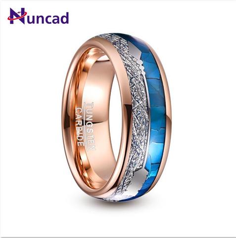 Nuncad-anneau en carbure de tungstène, 8mm de large, placage or Rose incrusté, coque bleue + météorite + dôme de flèche T225R ► Photo 1/6