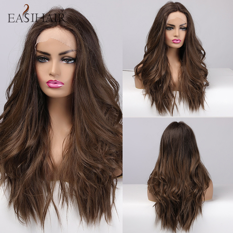 Perruque Lace frontal synthétique brune longue pour femme, cheveux de bébé, perruque de Cosplay ondulée naturelle à haute densité résistante à la chaleur ► Photo 1/6