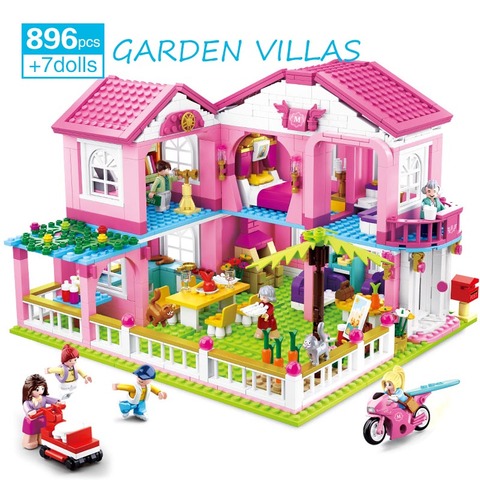 896 pièces filles rose jardin Villa modèle blocs de construction princesse maison de poupée bricolage jouer jeux jouets pour enfants filles cadeaux d'anniversaire ► Photo 1/6