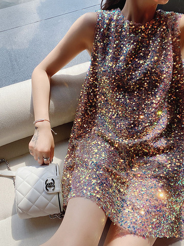 Cakucool – mini robe à paillettes brillantes pour femme, sans manches, col rond, ligne a, sexy, fête scintillante, été, 2022 ► Photo 1/5
