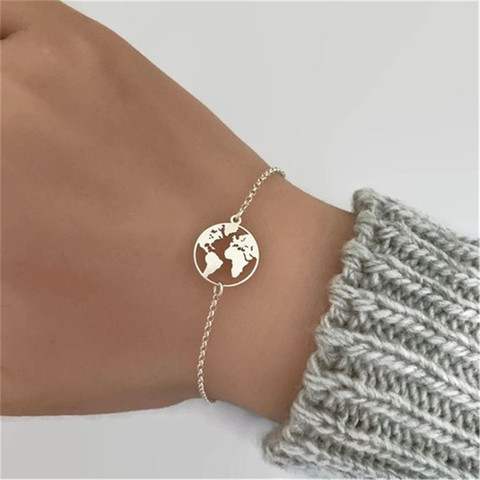 Bracelets avec carte du monde, chaîne à maillons, bijoux couleur argent or pour femmes, vente en gros, Bracelet à breloques ► Photo 1/6