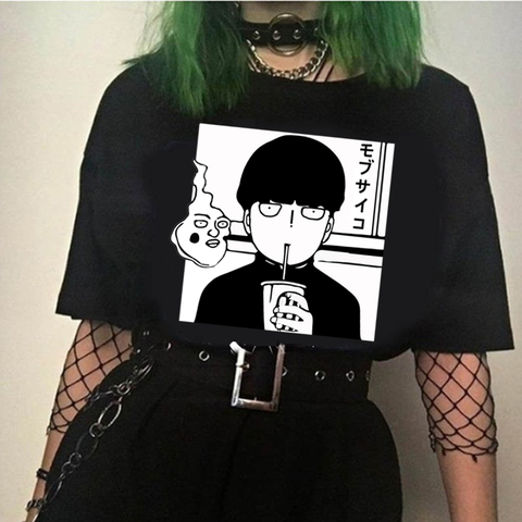 T-Shirt noir humoristique pour Homme, Streetwear, décontracté, en coton, avec dessin animé de Mob Psycho, Harajuku, été, 2022, 100 ► Photo 1/5