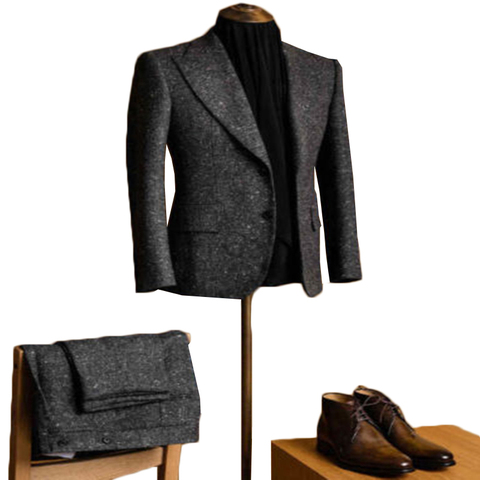 Nouveaux beaux hommes costumes hiver Tweed revers cranté gris foncé régulier 2 pièces laine deux boutons mélange Vintage coupe sur mesure ► Photo 1/6