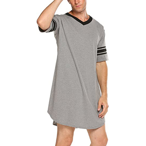 Chemise de nuit en coton pour hommes, vêtement à manches courtes et col en v, doux et confortable, vêtements de nuit amples ► Photo 1/6