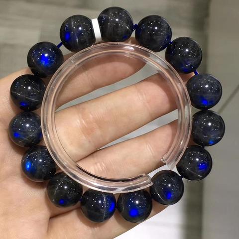 13.6mm véritable naturel noir Labradorite bleu lumière oeil de chat cristal perles rondes Bracelet femmes hommes gris pierre de lune AAAAA ► Photo 1/5