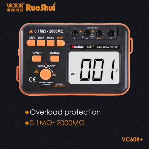 RuoShui 60B + testeur de résistance d'isolation numérique 1000V Megger Test cc ca 2000m Ohm alarme d'entrée de court-Circuit haute tension VC60B ► Photo 1/6