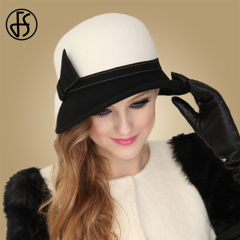 FS large bord blanc laine chapeaux Bow Bowler Fedora Chapeau pour les femmes Chapeau Femme tricoté hiver Cloche dames église Feutre Fedoras casquettes ► Photo 1/6