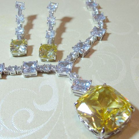 925 argent couleur jaune CZ pierre gemme diamant coupe longue goutte boucles d'oreilles collier en pierre Citrine ensemble de bijoux de mariée pour les femmes 2022 ► Photo 1/6