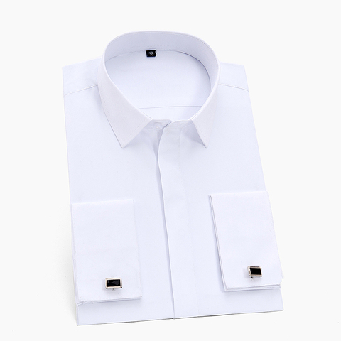 Chemise classique française pour hommes, manches longues, avec boutons de manchette, sans poche, pour le bureau, blanc ► Photo 1/6