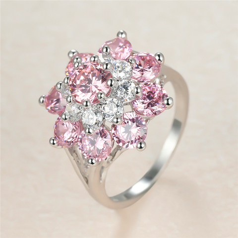 Bague Vintage en pierre de cristal rose pour femme, grande bague de mariage, de fiançailles, en Zircon, avec petite fleur ► Photo 1/6