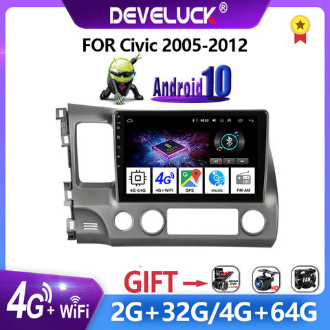 Autoradio Android 10, 6 go/128 go, Navigation GPS, écran 2,5d, DSP, stéréo, 2 din, lecteur multimédia vidéo, pour voiture Honda Civic (2005 – 2012) ► Photo 1/6