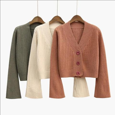 2022 Cardigan automne manches longues évasées chandail court femmes côtelé tricoté couverture en coton noir blanc dames vêtements d'extérieur doux femme ► Photo 1/6