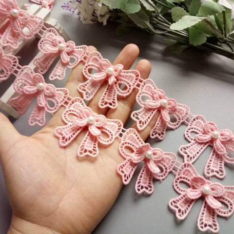 Ruban rose de dentelle brodé avec nœud papillon, 10x, perles tissu à bordure en dentelle, fournitures de couture faites à la main, artisanat pour décoration de vêtements, nouveauté ► Photo 1/6