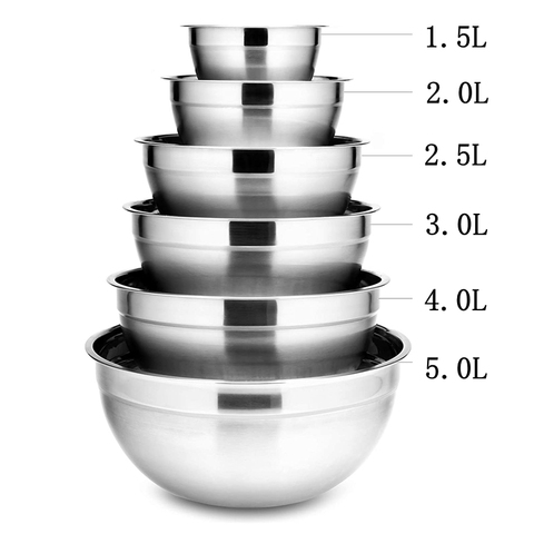 Ensemble de bols en acier inoxydable capacité 1.5-5l bol à mélanger de cuisine, salade de cuisine, récipient de stockage des aliments 6 pièces ► Photo 1/6