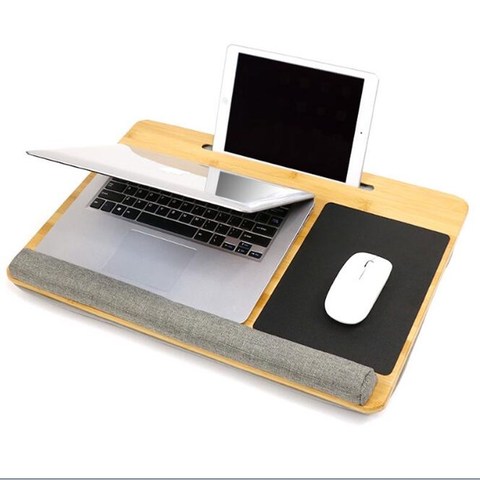 Support de bureau en bambou véritable pour ordinateur portable jusqu'à 17 pouces, avec support pour tablette et téléphone, tapis de souris et repose-poignet intégrés pour MacBook ► Photo 1/6