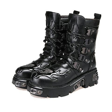 Nouveau gothique Punk hommes bottes en cuir moto bottes plate-forme en caoutchouc bottes noir chaud mi-mollet militaire Combat bottes Fashion47 ► Photo 1/6