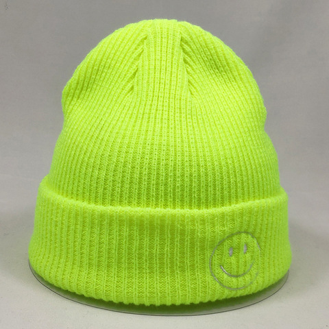 Chapeau tricoté pour femmes, bonnet court et simple, Face de sourire, bonnet, jaune néon, vert, violet, rose, tendance ► Photo 1/6