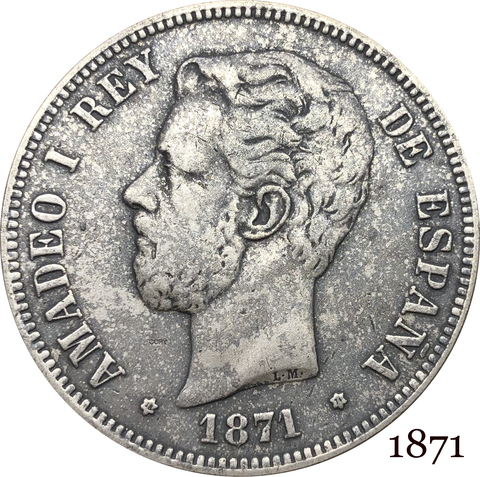 Amadeo I – pièces DE monnaie en argent plaqué Cupronickel, buste d'amadeo I face à gauche, 1871 REY DE ESPANA ► Photo 1/6
