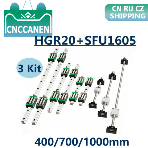 6 pièces ensembles de guidage linéaire carré HGR20-400/700/1000mm + 3 vis à billes SFU1605-400/700/1000mm BK/BF12 pièces de CNC d'accouplement ► Photo 1/4