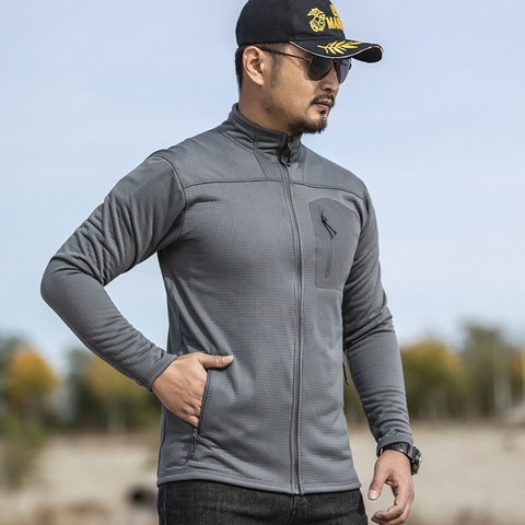 Hommes mince Plaid polaire veste printemps automne col montant Cardigan manteau hauts léger chaud Sports de plein air tactiques vestes homme ► Photo 1/6