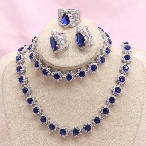 Ensemble de bijoux Semi-précieux pour femmes, couleur argent, bleu, collier, boucles d'oreilles, bague, Bracelet, coffret cadeau ► Photo 1/6