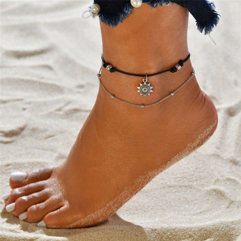 Vintage plusieurs couches bracelets de cheville pour femmes noir soleil pendentif breloques corde chaîne plage été pied cheville Bracelet bijoux ► Photo 1/6