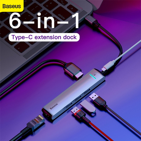 Baseus-Station d'accueil HUB 6 en 1, Hub usb type-c vers HDMI, usb 3.0, RJ45, séparateur adaptateur, HUB pour ordinateur, téléphone ► Photo 1/6