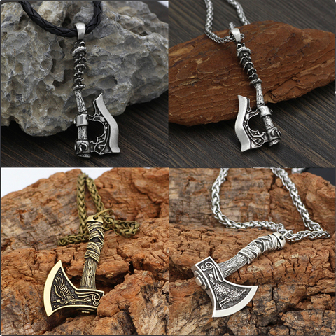 Pendentif homme Viking celtique loup corbeau hache symbole Odin corde en cuir Rune scandinave Nacklace breloque homme nordique amulette bijoux ► Photo 1/6