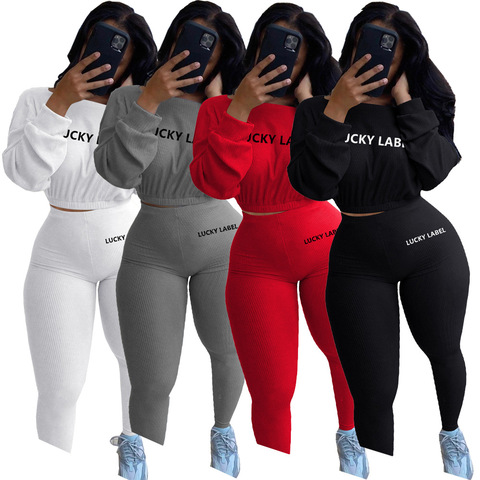 Ensemble de 2 pièces avec étiquettes porte-bonheur pour femmes, Top court, Leggings, décontracté, doux, tricoté, haute élasticité, moulant, jogging, vente en gros, livraison directe ► Photo 1/6