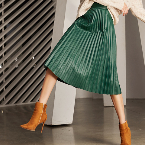 Jupe longue plissée noire en cuir véritable pour femme, élégante et à la mode, longueur totale De 75cm, collection 2022 ► Photo 1/1