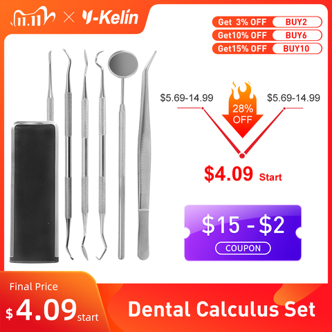 Ensemble d'instruments préparés par le dentiste, en acier inoxydable, pincettes, détartreur de faucille, tartre miroir ► Photo 1/6