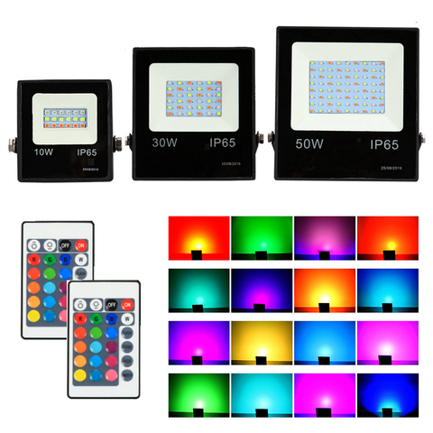 RGB éclairage LED télécommande 220V projecteur 10W 30W 50W extérieur étanche projecteur lampe de jardin 16 couleurs ► Photo 1/6