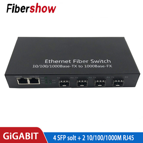 Convertisseur pour Fiber optique Gigabit, commutateur pour fibre optique, 4 sfp 2 RJ45, 10/100/1000M, UTP ► Photo 1/6