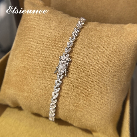 ELSIEUNEE 100% 925 Argent Sterling forme de Feuille Simulé Moissanite Pierres Précieuses De Mariage Bracelets Porte-Bonheur Bracelet Bijoux Livraison Directe ► Photo 1/1