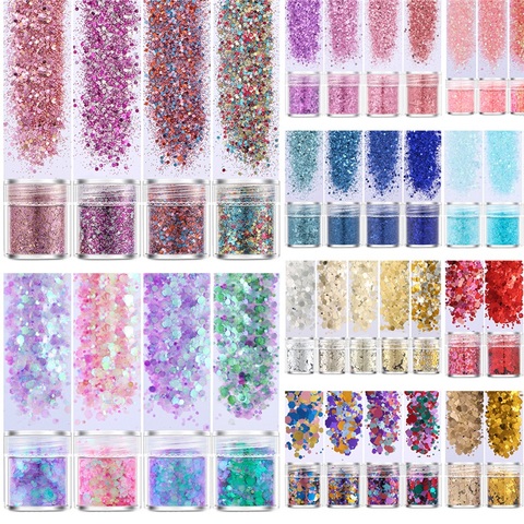 4 boîtes/ensemble brillant ongles grosses paillettes paillettes flocons mélangés Chrome Pigment poudre décorations manucure bricolage ongles accessoires ► Photo 1/6