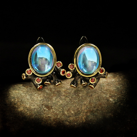 Boucles d'oreilles Vintage pour femmes, aiguilles en argent 925, pierre de lune bleue, boucles d'oreilles de luxe, noir, or, bijoux deux tons en Cristal ► Photo 1/5