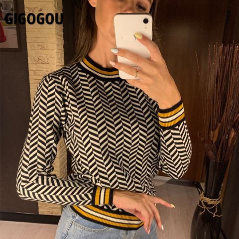 GIGOGOU géométrique tricoté femmes Pull et chandails automne hiver épais femme Pull chaud rayé noël chandails Pull ► Photo 1/6